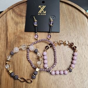 Jewelry Set 1 Pair Pierced Earrings 3 Stretch Bracelets Purple Beaded Gold Tone